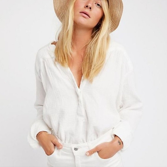 Free People Changing Horizons White Gauzy Double Gauze Cotton Popover Tunic - Picture 2 of 10